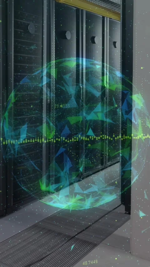 Globe of plexus networks spinning against computer server room Stock Footage 342595319