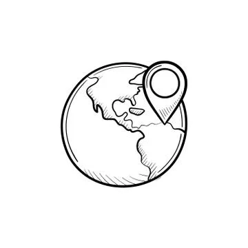 Globe with pointer mark hand drawn outline doodle icon. 스톡 일러스트