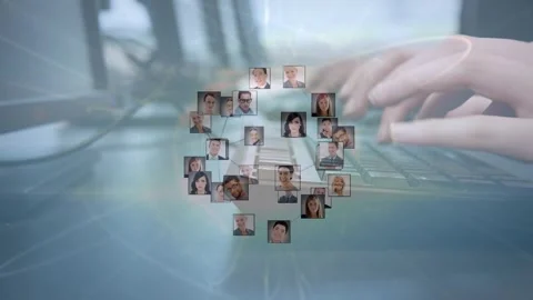 Globe of profile icons against mid section of a person typing on keyboard Stock Footage 328256408