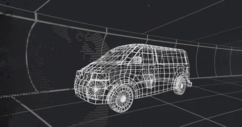 Globe pulsing and causing wireframe 3D van front mesh fragmenting, reassembling Video stock 320915948