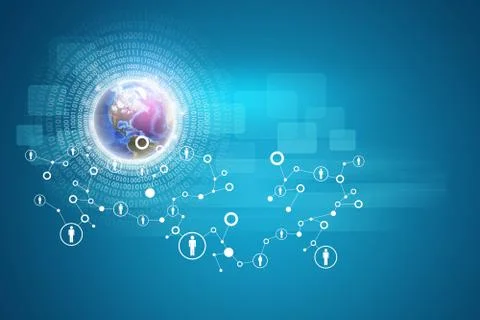 Globe with radiant figures and network of person icons on virtual interface Illustrazione stock