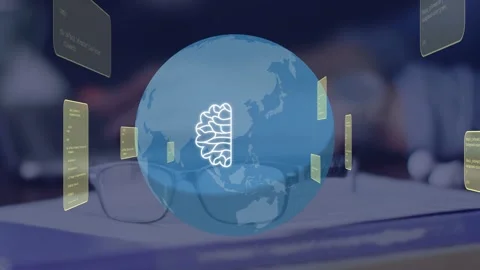 Globe reacting to cloud outline appearing, morphing into brain-AI chip, showing Stock Footage 334744541