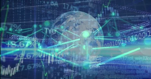 Globe receiving market feed, showing pulsing nodes and candlestick on grid, Stock Footage 331713357