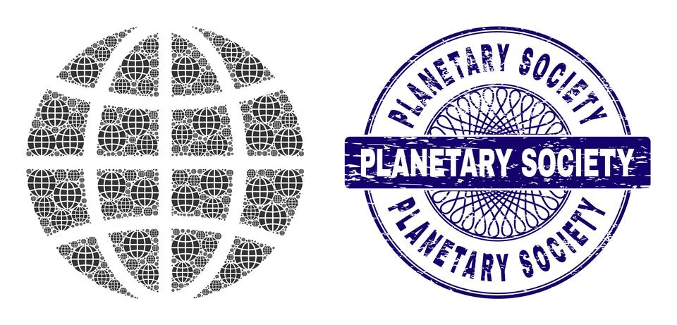 Globe Recursion Mosaic of Globe Items and Scratched Planetary Society Round Stock Illustration