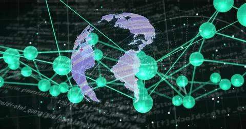 Globe with red circle over North America, connected green spheres image Stock Photos