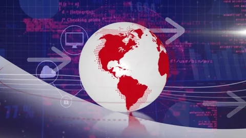 Globe with red continents and digital data processing animation over blue Stock Footage 329226138