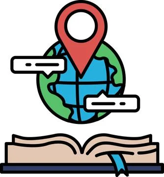 A globe with a red dot on it is surrounded by a book Stock Illustration
