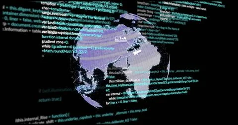 Globe with red target image over programming code and data 스톡 일러스트