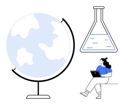 Globe representing geography, laboratory flask with liquid, and student using Stock Illustration