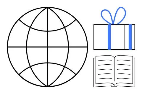 Globe representing global reach, book symbolizing knowledge, gift box with ri Illustrazione stock