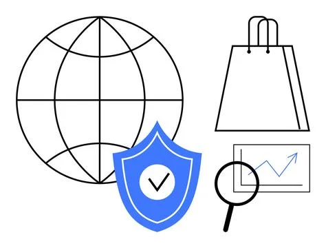 Globe representing global reach, shield for security, shopping bag for ecomme Stock Illustration