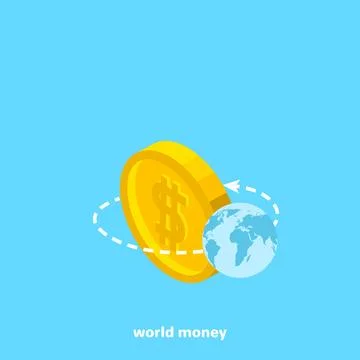 The globe revolves around the coin, an isometric image 库存插图