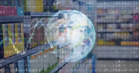 On globe rising over book aisle, with binary overlay, finance charts sweeping, Stock Footage 329711170