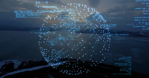 Globe rising over dusky coast rotating while code scrolling and fluctuating Stock Footage 310994773