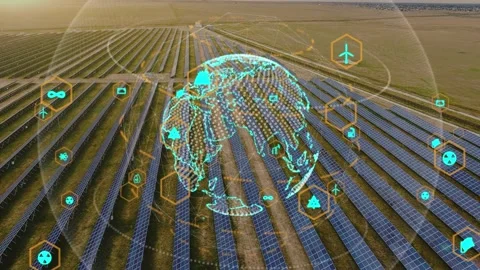 The globe rotates against the background of solar panels. Saving the planet and Stock Footage 228386266