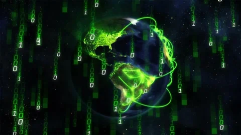 Globe rotating, binary streams starting neon arcs linking nodes and sending Stock Footage 328417765