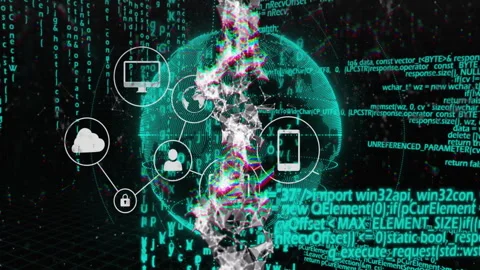 Globe rotating in code initiating cloud icon appearing linking icons to form Stock Footage 312380863