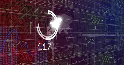 Globe rotating, data counter appearing and rising then falling, arcs and charts Stock Illustration