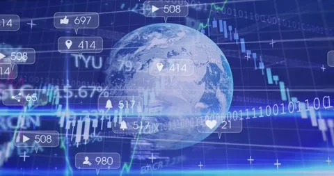 On globe rotating, data streaks sweeping past grid, social icons clustering for Stock Footage 319783291