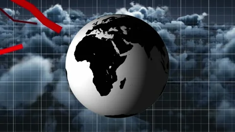 A globe rotating on a green background with three red statistic lines decreasing 库存影片 330061516