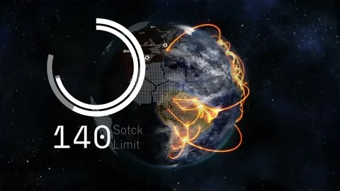Globe rotating in orbit, data spike filling gauge, numbers rising, arcs showing Stock Footage 331161378