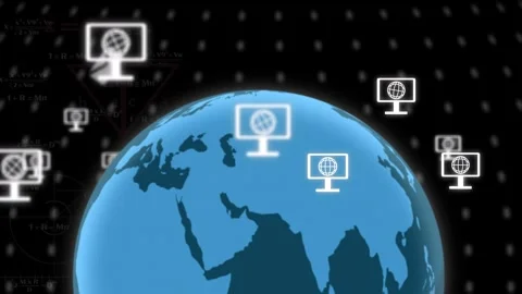 Globe rotating, rising, monitors entering right, cyan grid pulsing, icons Stock Footage 334768474