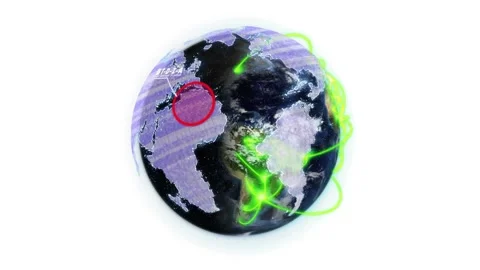 Globe rotating sending airplane flying east, expanding red halo, shooting beam Stock Footage 318194068