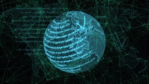 Globe rotating on start with code streaming around and arrow tracing flow then Видео 312915931