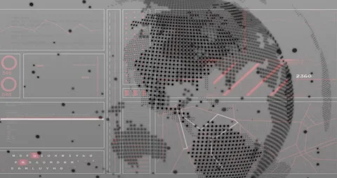 Globe rotating triggers code panels sliding as red highlights pulsing lines Stock Footage 316097551