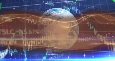 Globe rotating while orange ribbon sweeping starting finance charts and tickers Stock Footage 330331300