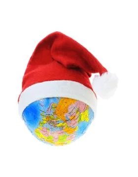 Globe in santa's red hat Foto stock