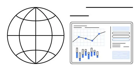 Globe with screen displaying graphical data, blue bar charts, and line graphs イラスト素材