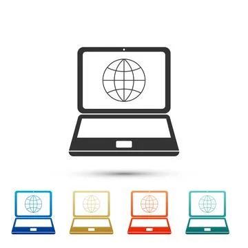 Globe on screen of laptop icon isolated on white background. Notebook computer 스톡 일러스트