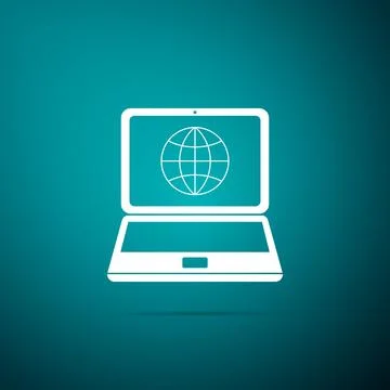 Globe on screen of laptop icon isolated on green background. Notebook computer Illustrazione stock