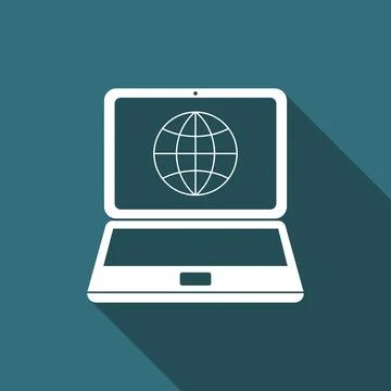 Globe on screen of laptop icon isolated with long shadow. Notebook computer with Ilustración de archivo
