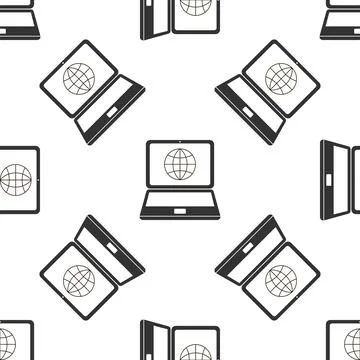 Globe on screen of laptop icon isolated seamless pattern on white background Illustrazione stock