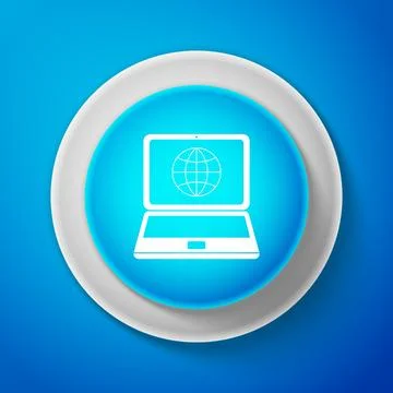 Globe on screen of laptop icon isolated on blue background. Notebook computer Illustrazione stock