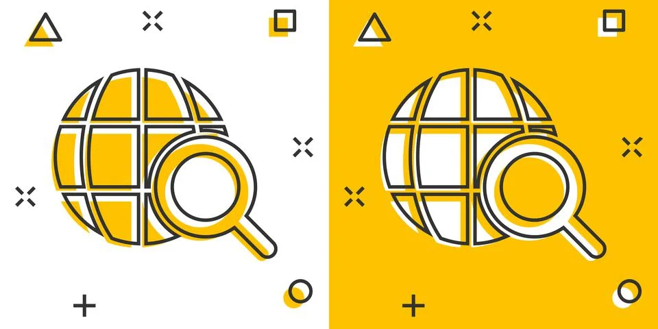 Globe search icon in comic style. Network navigation cartoon vector illustrat Stock Illustration