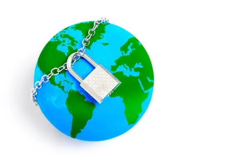 Globe Secured with a Chained Padlock on White Stock-Fotos
