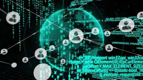 Globe sending pulses, rotating as user icons arcing and linking, code streaming, Stock Footage 329870171
