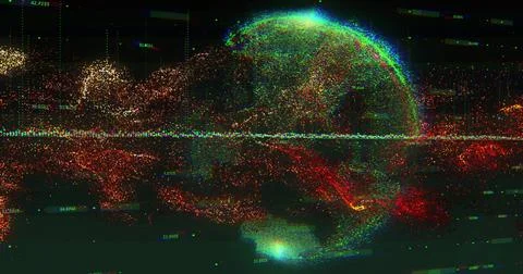 Globe-shaped particle cloud pulsing on dark void, receiving live data feed, Stock Photos
