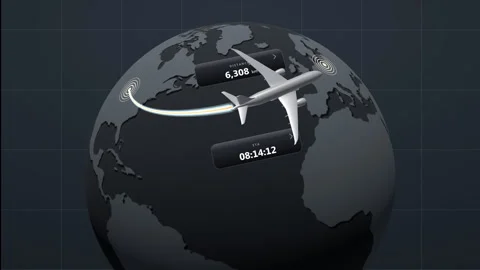 Globe showing airplane flight route with distance and ETA HUD elements Stock Footage 345666791
