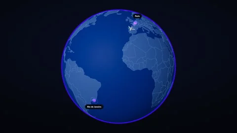 Globe showing flight route and distance from Paris to Rio de Janeiro Stock Footage 345666878