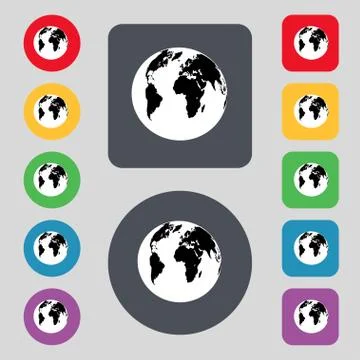 Globe sign icon. World map geography symbol. Set colourful buttons. Vector Stock Illustration