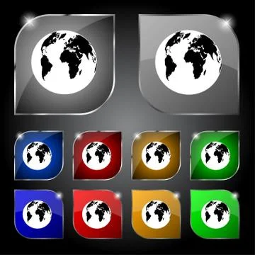 Globe sign icon. World map geography symbol. Set colourful buttons. Vector Illustrazione stock