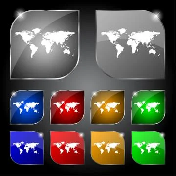 Globe sign icon. World map geography symbol. Set colourful buttons. Vector Illustrazione stock
