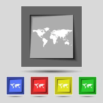 Globe sign icon. World map geography symbol. Set colourful buttons. Vector Illustrazione stock