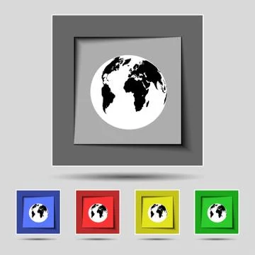Globe sign icon. World map geography symbol. Set colourful buttons. Vector Stock Illustration