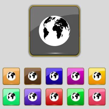 Globe sign icon. World map geography symbol. Set colourful buttons. Vector Illustrazione stock