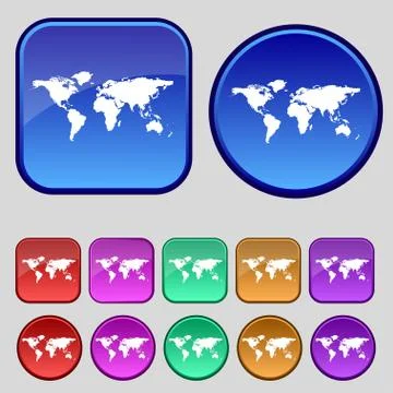 Globe sign icon. World map geography symbol. Set colourful buttons. Vector Illustrazione stock